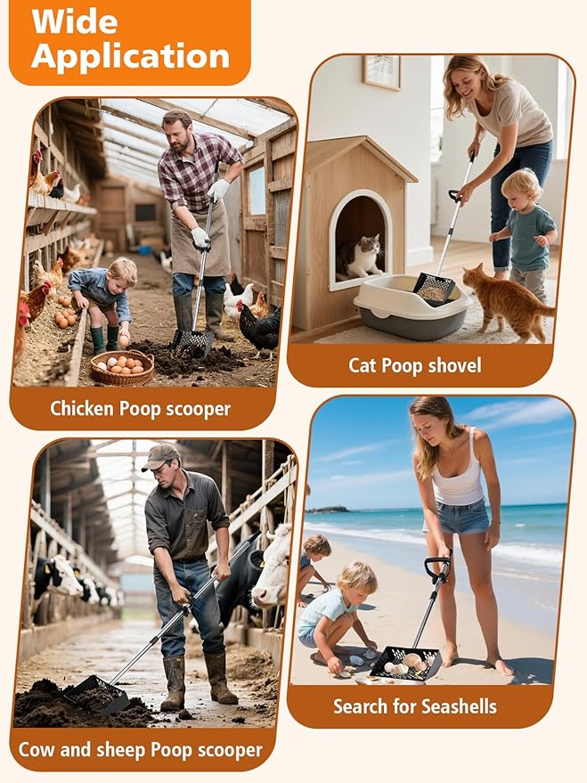 Chicken Poop Scooper with Ergonomic D-Grip 64" Long Handle 4 Sections Adjustable Stainless Steel Chicken Coop Scooper for Sand Sifting Shovel Farm Beach Garden Yard Waste Litter Pooper Cleaning Tools-Mewly Pet