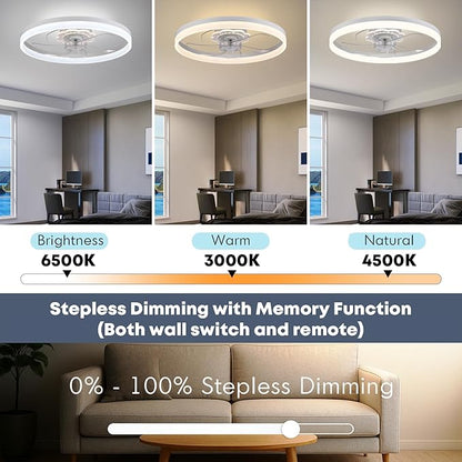 23.6'' Ceiling Fan with Light, Upgraded Low Profile Fan, Flush Mount Ceiling Fan, 6 Speeds, Dimmable LED, App & Remote Control, Quiet DC Motor, for Bedroom, Living Room, F115 White