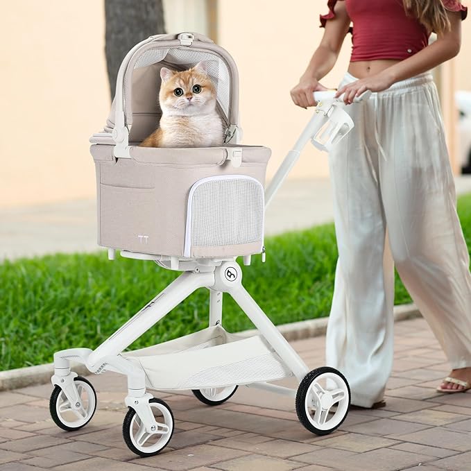 TT Lightweight Pet Stroller for Small Dogs & Cats - 4-Way Installation Carrier, One-Hand Fold, 180° Canopy Cover & Adjustable Handle (Beige)-Mewly Pet
