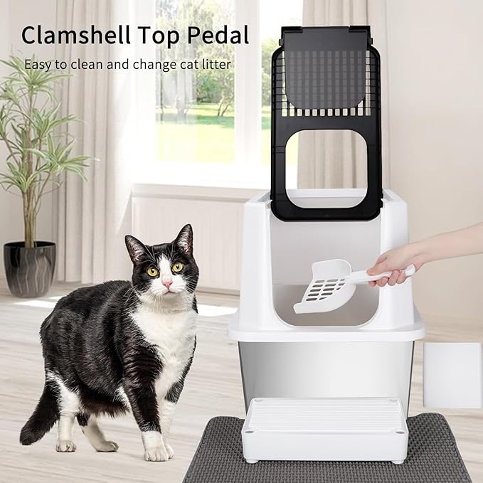 RIZZARI Stainless Steel Cat Litter Box, Odorless Enclosed Litter Box with Top Holes, Large Litter Pan for Small to Large Sized Cats (Black, 24" L*16" W*18" H)-Mewly Pet