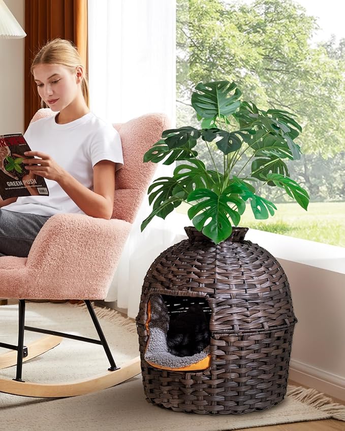 Cat Litter Box Plant Furniture Enclosure, Hidden Handwoven Rattan with Cat Litter Box and Artificial Plants, Odor Control Filter, Real Stones in Living Room, Bedroom, Corner (Brown)-Mewly Pet