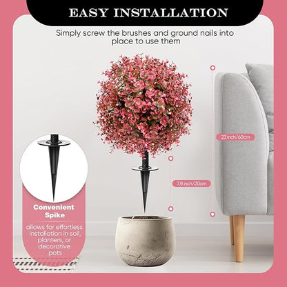 2 Pack 23” Artificial Topiary Bushes for Outdoors Fall Decorations with 7.8” Spike, Red Boxwood Ball Fake Shrubs UV Resistant Faux Plants for Indoor Outdoor Garden Entryway Front Porch Decor