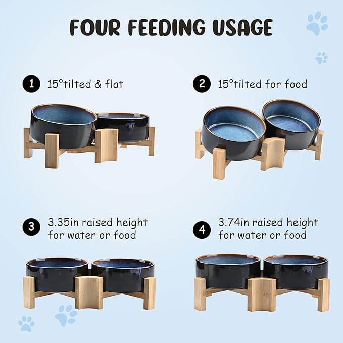 SPUNKYJUNKY 15° Slanted Ceramic Dog and Cat Bowl with Wooden Stand, Tilted Bulldog Food and Water Bowl No Slip Non-Spill for Cats Medium Dogs Big Face Pets 13.5 OZ (1.7 Cups, Starry Blue × 2)-Mewly Pet