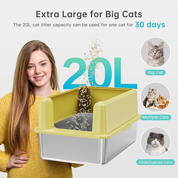 Stainless Steel Litter Box with High Side, XXL Extra Large Cat Litter Box for Big Cats & Multiple Cats, Non-Sticky, No Urine Leakage, Easy Clean Cat Litter Pan Include Scoop-Mewly Pet