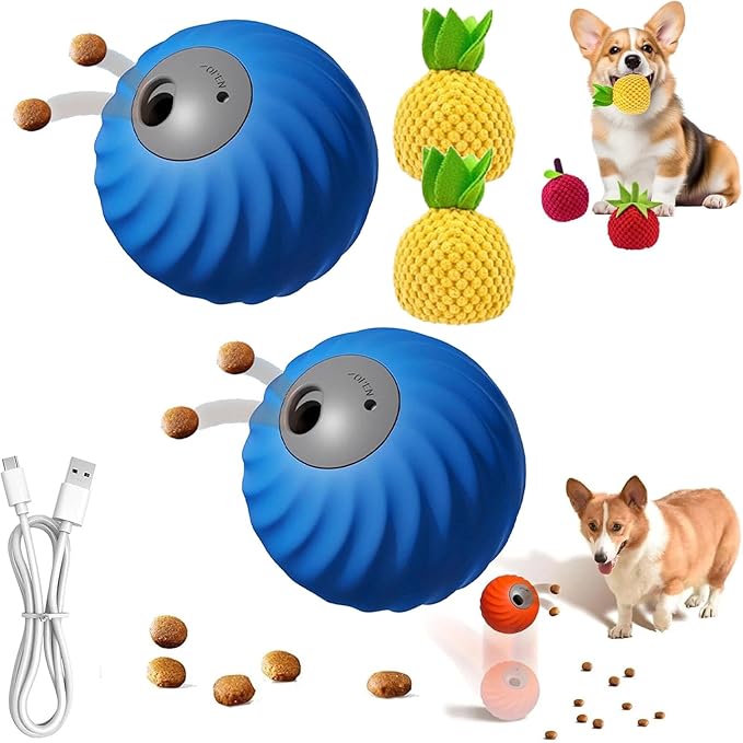 Zoomie Buddy 2.0, Zoomie Buddy for Dogs, 2 in 1 Smart Touch Interactive Dog Balls ＆ Pet Feeder, 2.83" Diameter, Suitable for Small/Medium Dogs, with Fruit Plush Cover (2*Blue, Pineapple)-Mewly Pet