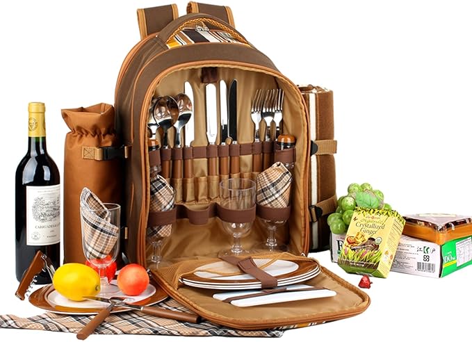 Apollo Walker Picnic Backpack Bag for 4 Person with Cooler Compartment,Wine Bag, Picnic Blanket(45"x53"),Best for Family and Lovers Gifts (Brown)-Mewly Pet