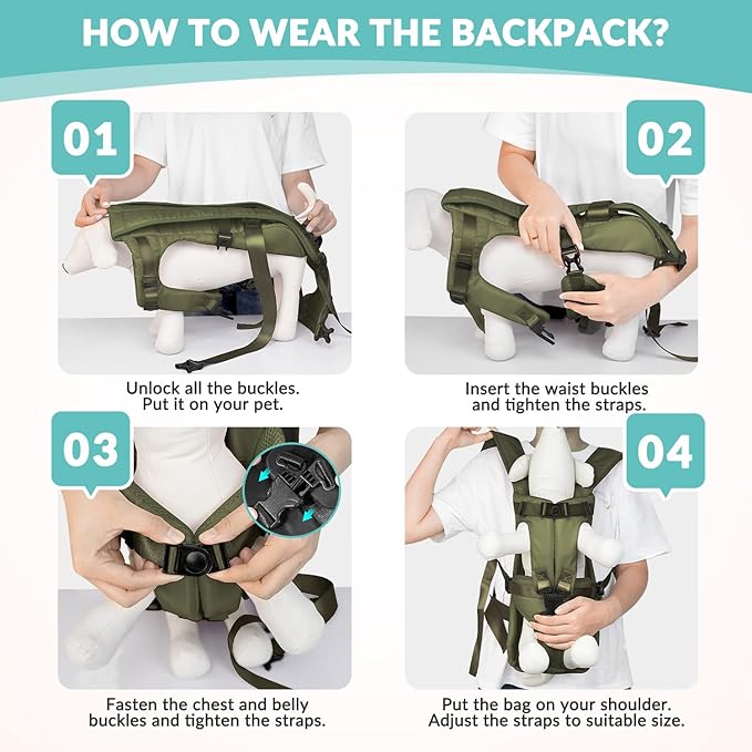 Lukovee Dog Backpack Carrier, Legs Out Easy-fit Dog Front Carrier for Small Medium Dogs, Adjustable Hands Free Dog Chest Carrier for Hiking Cycling (Green,X-Large)-Mewly Pet