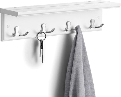 SONGMICS Entryway Hanging Coat Rack, Wall-Mounted Wooden Shelf, with 4 Double Hooks, Wall Floating Shelf, White ULHR42WT