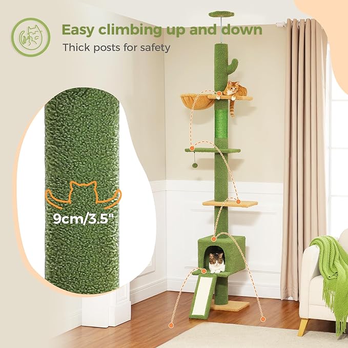 PEQULTI Floor to Ceiling Cat Tree, Tall Cat Tower, Adjustable Height (83''-108'') 5 Levels Climbing Tree for Indoor Cats with Cat Condo, Cozy Hammock and Scratching Post, Green-Mewly Pet