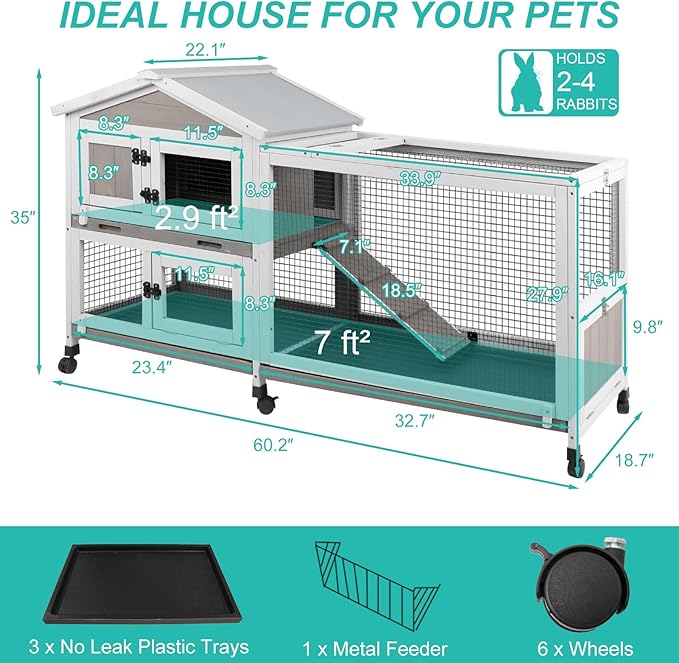 2-Tier Rabbit Hutch with Wheels, Indoor & Outdoor Small Animal Cage with Deep Pull-Out Tray, Anti-Chew Frame, Habitat for Bunny, Guinea Pig, Chinchilla (60" L x 19" W x 35" H)-Mewly Pet
