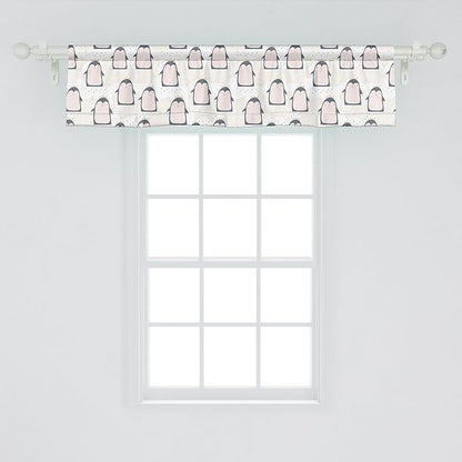 Ambesonne Penguin Window Valance Pack of 2, Pastel Colored Style Cartoon Animals from Antarctica Crowns on a Dotted Background, Rod Pocket Curtain Valances for Kitchen Bedroom, 54" X 12", Grey Pink