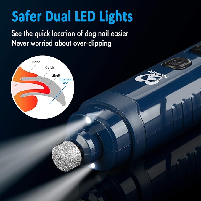 Casfuy Dog Nail Grinder with 2 LED Light - 4.8V Super Powerful 2-Speed Electric Pet Nail Trimmer for Medium Large Dogs Quiet Rechargeable Painless Paws Grooming & Smoothing Tool (Dark Blue)-Mewly Pet