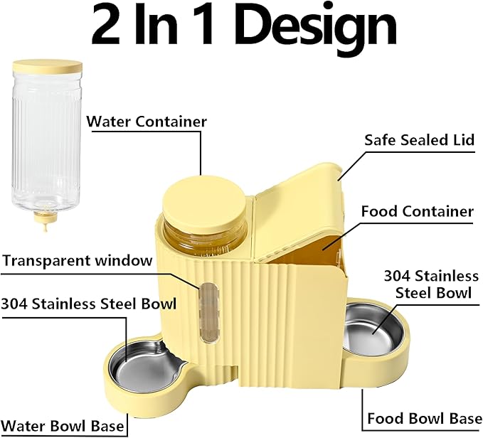 Automatic Cat Food Feeder and Water Dispenser,2 in 1 Gravity Cat Feeder and Water Dispenser with Stainless Steel Bowl,2 Pack Large Capacity Self Feeding for Small Medium Pets Puppy Kitten-Mewly Pet