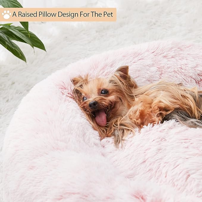 WNPETHOME Calming Dog Bed Cat Bed Donut, Faux Fur Pet Bed Self-Warming Donut Cuddler, Comfortable Round Plush Dog Beds (30 x 30 x 10 Inch, Light Pink)-Mewly Pet