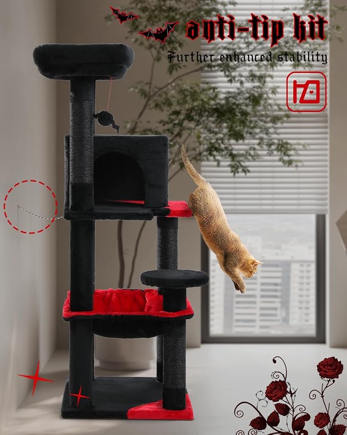 Gothic Cat Tree with Super Large Hammock, 45.7" Black Cat Tower with Coffin Bed, Cat Condo, Sisal Scratching Posts & Top Perch, Multi-Level Goth Cat Tree, Halloween, Black-Mewly Pet