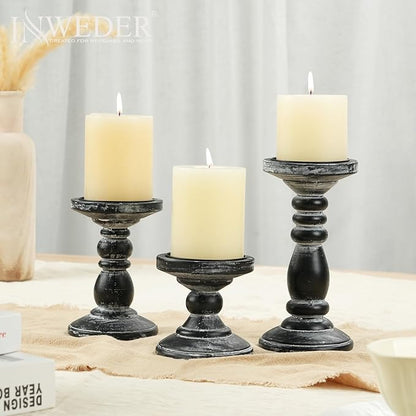 Wood Pillar Candle Holder: 3Pcs Rustic Black Candle Holders for Pillar Candles Wood Candle Holders Distressed Wooden Farmhouse Candle Holder Large Rustic Candle Holder for Fireplace Table