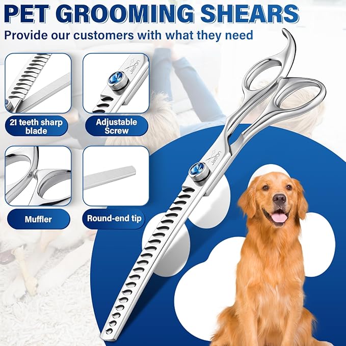 JASON 7" Curved Chunker Dog Scissors - Ergonomic Dog Grooming Scissors Silver Curved Dog Shears 440C Stainless Steel Grooming Shears Professional Pet Shears For Groomer (21-Teeth)-Mewly Pet