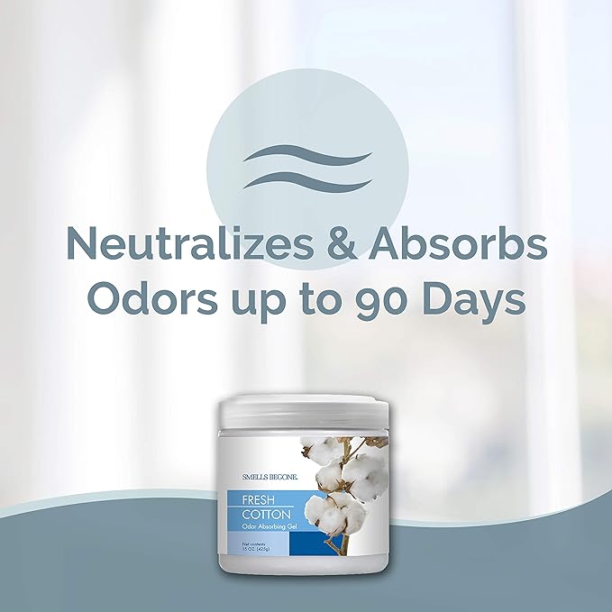 SMELLS BEGONE Air Freshener Odor Absorber Gel - 15 oz, Pack of 2 - Absorbs and Eliminates Odor in Pet Areas, Bathrooms, Cars, & Boats - Made with Essential Oils - Fresh Cotton Scent-Mewly Pet