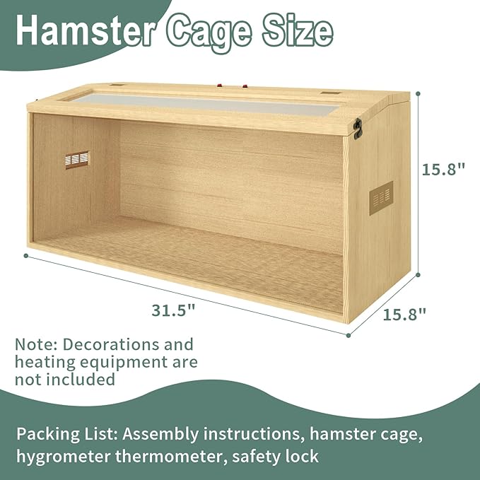32" Hamster Habitat Enclosure, Top Opening Lockable Roof Door, Gerbil Dwarf Hamster Cage with Hygrometer, Chewproof Syrian Hamster Cage for Mice, Small Animal, (Wooden, 32" L x 16" W x 16" H)-Mewly Pet
