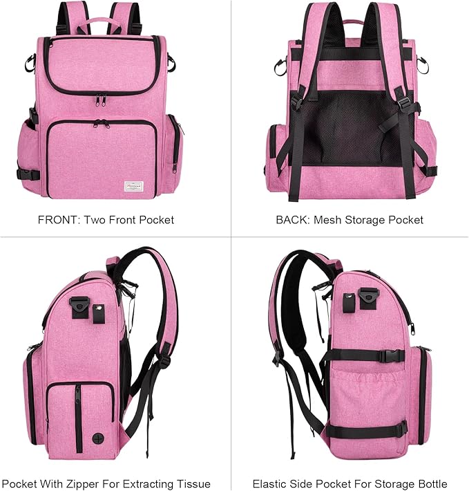 Modoker Dog Travel Bag Backpack, Airline Approved Pet Accessories Organizer for Dog and Cat with Shoulder Strap, 2 Dog Food Storage Containers, 2 Collapsible Dog Bowls,1 Pet Mat, Pink-Mewly Pet