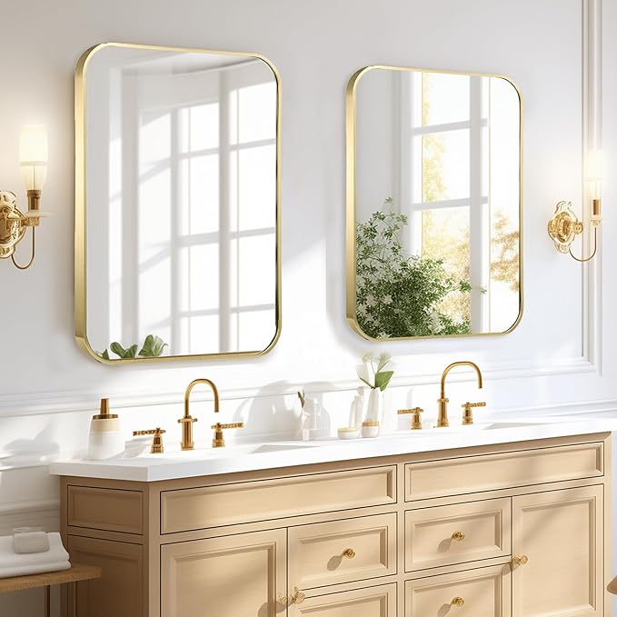 22"x30" Brushed French Gold Mirror for Wall, Bright Gold Rounded Rectangle Mirror with Metal Frame Hanging for Bathroom Entryway Vanity,Living Room,Bedroom,Vertical or Horizontal