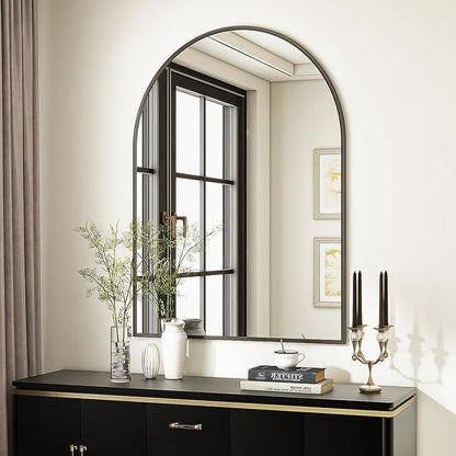 VooBang Arched Wall Mirror, 30 x 38 inch Arch Bathroom Mirror, Wall Mounted Vanity Mirror with Arch Metal Frame, Modern Bathroom Vanity Mirror for Bedroom, Living Room, Hanging or Leaning, Black