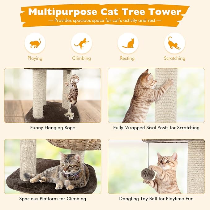 Tangkula Modern Cat Tree for Indoor Cats, Small/Tall Cat Tower with Natural Sisal Scratching Post, Hand-Made Wicker Cat Condo & Top Perch, Funny Hanging Toy Ball, Cute Cat Tree Tower for Large Cats-Mewly Pet