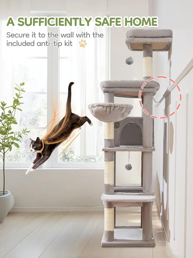 Taoqimiao MS042W Cat Tree,66-inch Large Cat Tower with Scratching Posts, Luxurious Large Platform for Big Cats with Soft Hammock, Adjustable Basket, Deluxe Cat Cando, Top Perch Light Gray-Mewly Pet