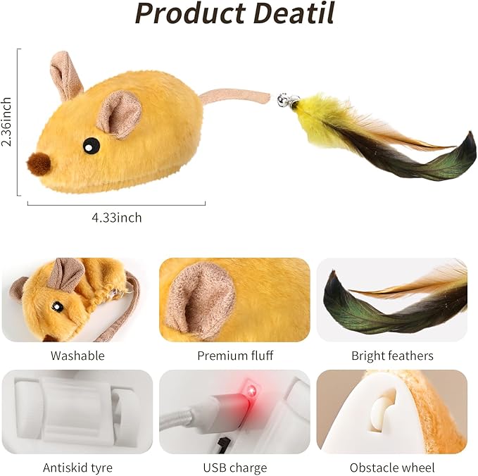 Interactive Cat Toys Mouse for Indoor Cats Rechargeable Cat Toy Mouse Toy Feather Bell Tail Lifelike Electric Automatic for All Breeds Boredom Exercise-Yellow-Mewly Pet