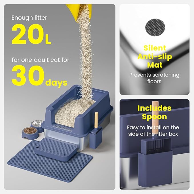 Stainless Steel Cat Litter Box - Enclosed XL Metal Kitty Litter Box with Lid for Big Cats, High Sided, Anti-Leakage, Easy Cleaning, Non-Sticky, Included Litter Mat, Cat Bowl & Spoon-Mewly Pet