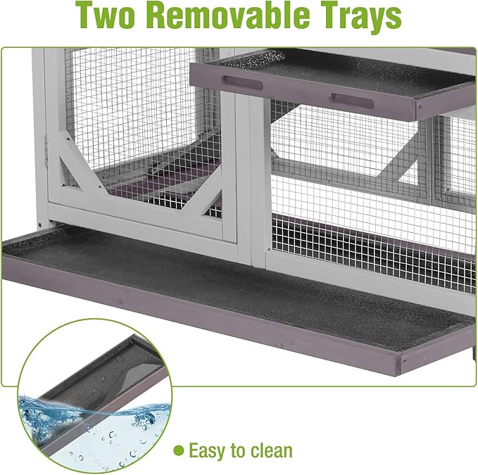 Wooden Rabbit Hutch with Two Story, Bunny Cage with Leak-Proof Trays, and Chew-Proof Ramp, Guinea Pig Cage with Wheels, Suitable for Indoor/Outdoor Use (Grey)-Mewly Pet