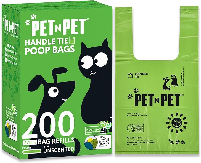 Pet N Pet 200 Counts Unscented Dog Poop Bags Rolls with Tie Handles, 38% Plant Based & 62% PE Poop Bags for Dogs, Extra-Thick Doggie Poo Bag, Pet Waste Bag-Mewly Pet