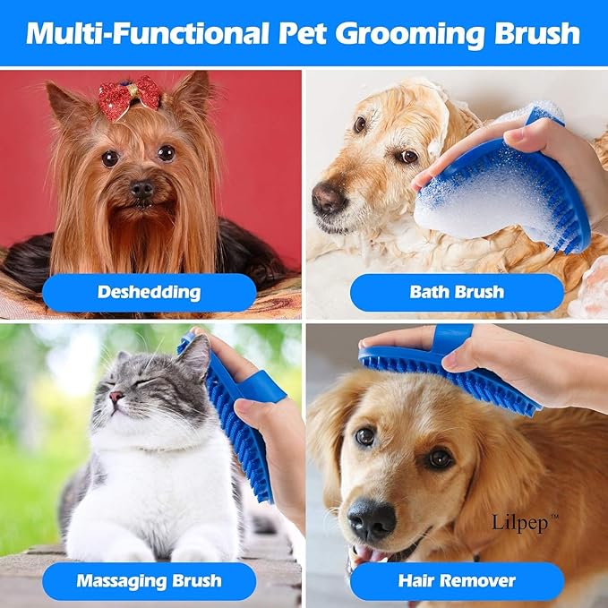 Lilpep Dog Bath Brush, Rubber Pet Shampoo Brush with Silicone Bristles for Massaging Grooming, Removing Short Haired Dogs Cats Shedding, Tangles and Dead Undercoat (Blue, plum brush)-Mewly Pet