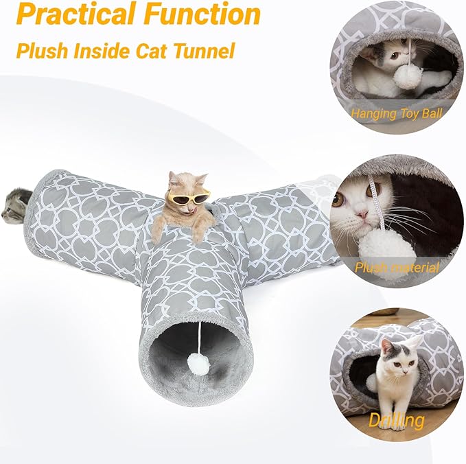 LUCKITTY Geometric 3 Way Cat Tunnel with Plush Inside,Cats Toys Collapsible Tunnel Tube with Balls, for Rabbits, Kittens, Ferrets,Puppy and Dogs-Mewly Pet