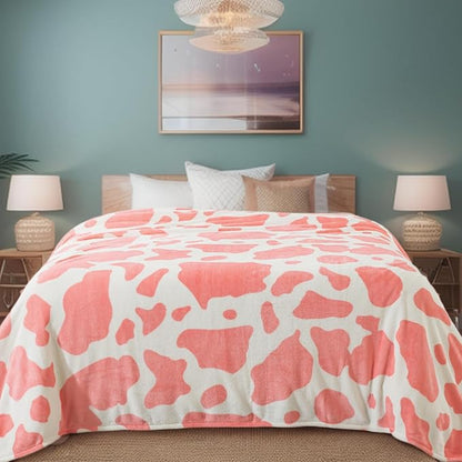 Fleece Cow Print Blanket for All Season - Premium Lightweight Anti-Static Pink and Ivory King Size Blankets Plush Gift for Daughter Mom, Bedroom Decor 90" x 108"(Pink Cow)