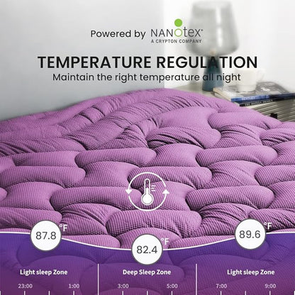 SLEEP ZONE Cooling Mattress Topper Cal King, Premium Zoned Quilted Mattress Pad, Pillow Top Mattress Protector Cover, Machine Wash Durable, Deep Pocket 8-21 inch, Purple, Cal King