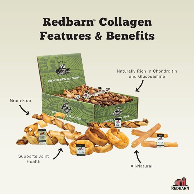 Redbarn Pet Products Recbarn Natural 12" Beef Collagen Braids - Case of 20 Sticks - Long Lasting Low-Odor Alternative to Rawhide & Bully Sticks -Single Ingredient Chew for Medium Large Dogs-Mewly Pet