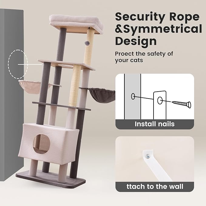 Gardner Pet 65in Heavy Duty Cat Tree Tower for Large Cats, Multi-Level Cat Furniture with Replaceable Sisal Scratching Post, Hammock | Extra-Large Platform & Condo Easy to Clean (Corduroy)-Mewly Pet