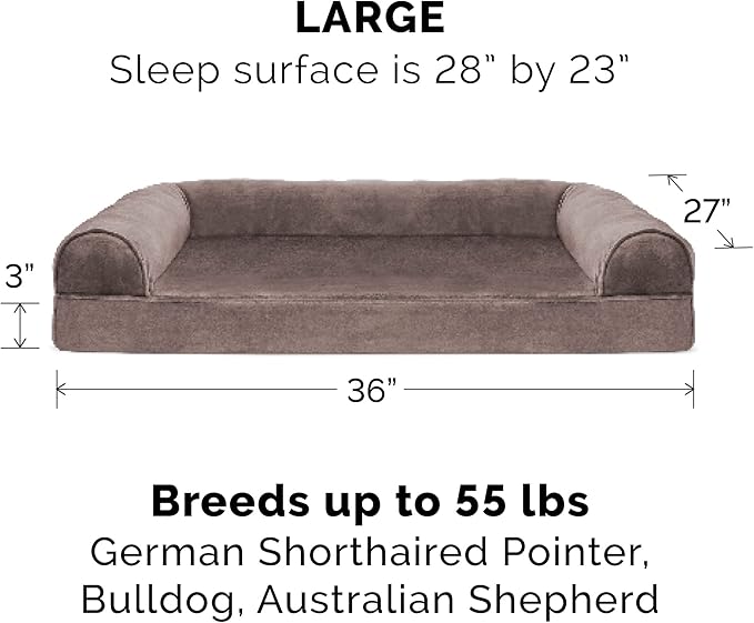 Furhaven Cooling Gel Dog Bed for Large/Medium Dogs w/ Removable Bolsters & Washable Cover, For Dogs Up to 55 lbs - Faux Fur & Velvet Sofa - Driftwood Brown, Large-Mewly Pet