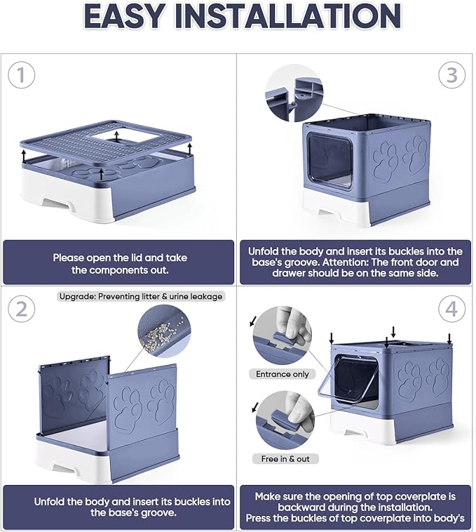 Cat Litter Box with X-Large Litter Mat and Scoop, Large Foldable Litter Box with Lid, Enclosed Kitty Box,Front Top Entry Exit, Odor Control Easy to Clean (Upgrade Midnight)-Mewly Pet