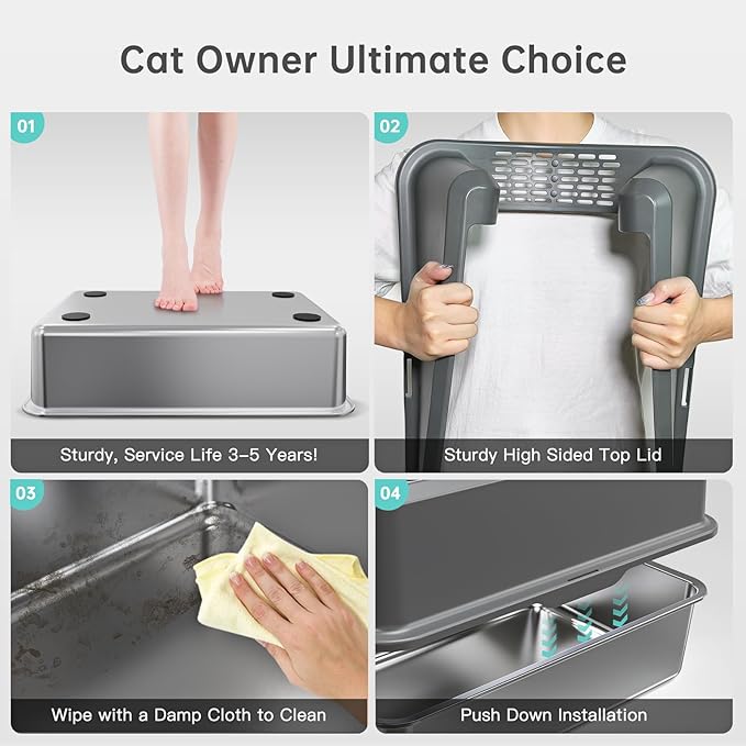 Enclosed Stainless Steel Cat Litter Box with Lid, XL Extra Large Litter Box for Big Cats, Metal Litter Pan High Sided, Never Absorbs Odors, Anti-Urine Leakage, Easy Cleaning, Include Scoop-Mewly Pet