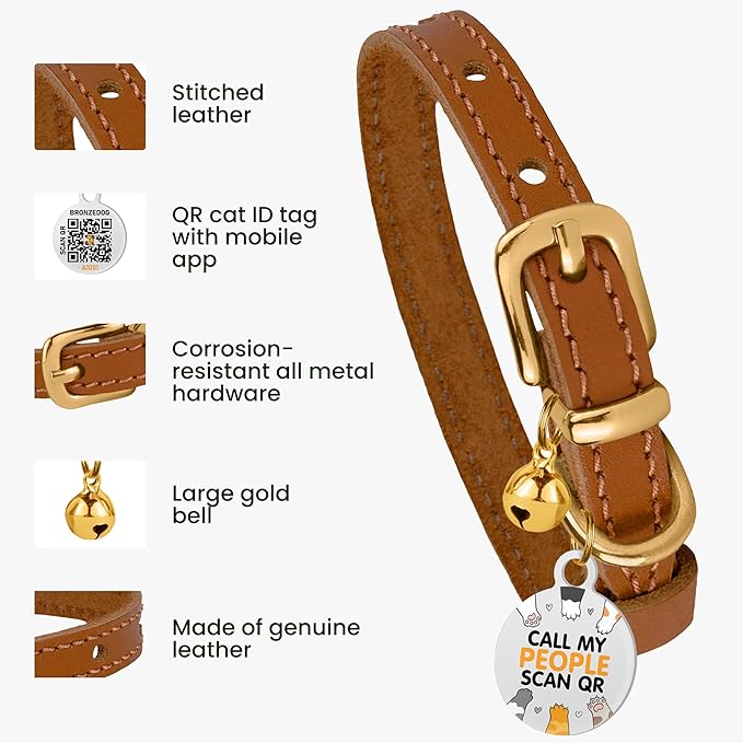 BRONZEDOG Leather Cat Collar with Removable Bells Non Breakaway Kitten QR Tag for Girl Boy (7" - 9" for Cats, Light Brown & Gold)-Mewly Pet