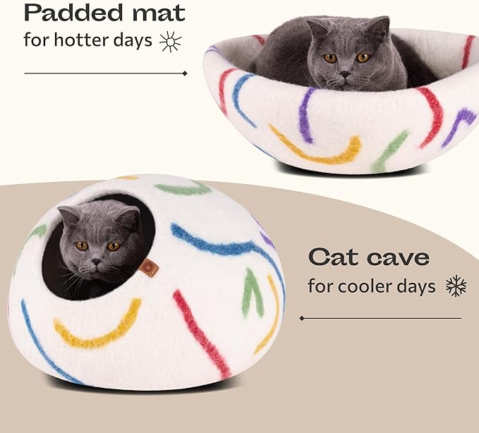 MEOWFIA Cat Cave – Premium Felt Cat Bed for Indoor Cats, Handmade 100% Merino Wool (Large, Ivory Rainbow)-Mewly Pet