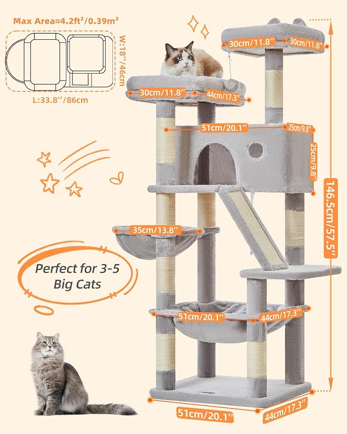 Taoqimiao Cat Tree 57.5-Inch, Cat Tower for Indoor Cats Large Adult, Extra Large Cat Condo, 8 Sisal Scratching Posts, Metal Frame Cozy Hammock, Durable Scratch Board, 2 Top Perches, Light Gray MS026W-Mewly Pet