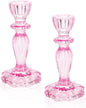 Glass Candle Holders, 2PCS Decorative Candle Stand Wide Base Candlestick Holder Table Centerpiece Decor for Wedding Festival Party Windowsill, Pink