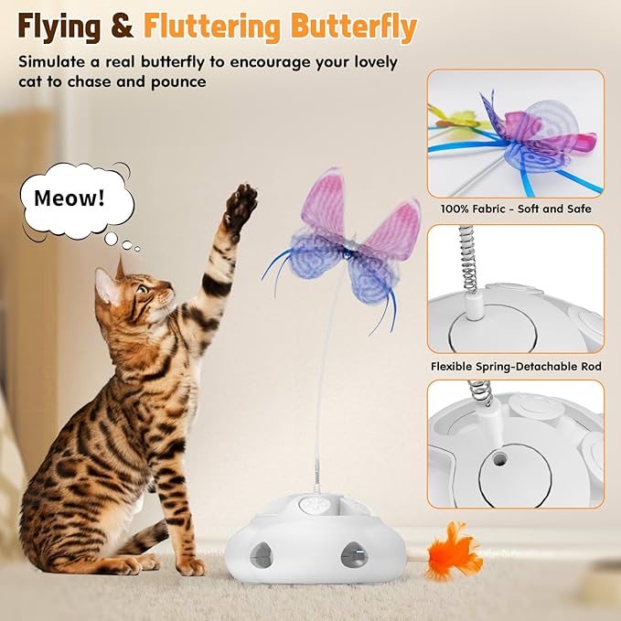 Interactive Cat Toys for Indoor Cats, 4in1 Pet Teaser Toy with Ambush Feather Wand, Motorized Fluttering Butterfly and Slow Feeder, Rechargeable Power Treat Puzzle Toys(White)-Mewly Pet