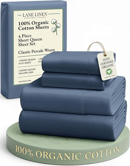 LANE LINEN 100% Organic Cotton Sheets Set, 4Pc Sheet Set Short Queen Size, Classic Percale Weave, Breathable RV Queen Cotton Sheet Set, RV Queen Deep Pocket Sheets, Oeko-Tex Sheets - Estate Blue