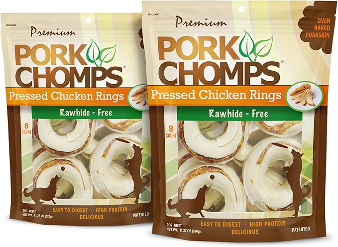 Pork Chomps Pressed Pork Skin Dog Chews, 2.5-inch Rings, Real Chicken, 8 Count (Pack of 2)-Mewly Pet