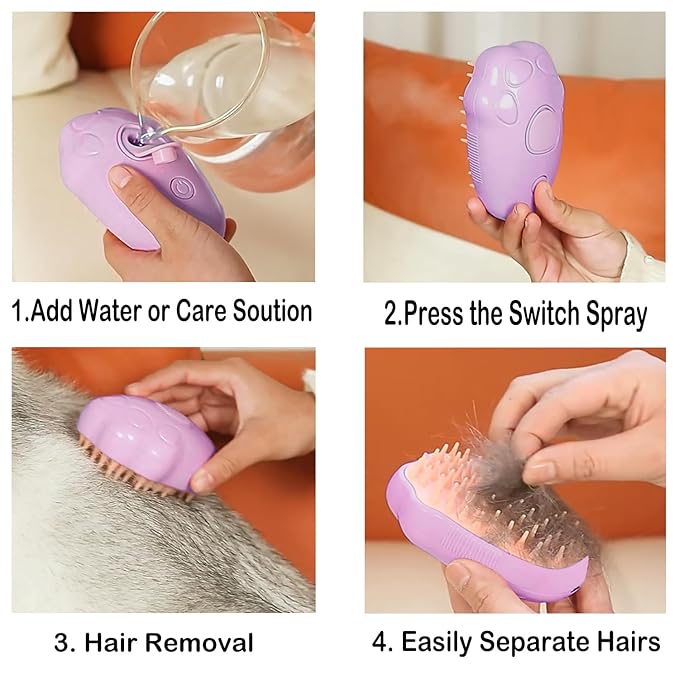 Steam Brush for Cats, Spray Comb Mist Brush, Rechargeable Steam Pet Brush for Dogs and Cats, Self-Cleaning 3-in-1 Cat Hair Brush with Steam for Long and Short Hair for Cats and Dogs (purple)-Mewly Pet
