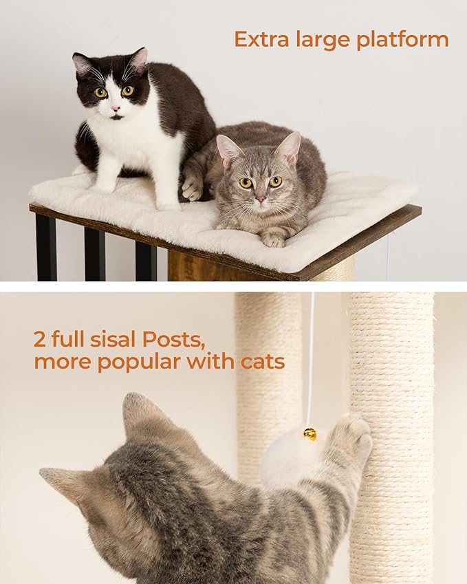 FourFurPets 35.4in 3-Tier Modern Cat Tree Tower Condo, Cat Scratch Posts for Indoor Cats, Big Plate, Two Full Sisal Scratching Posts, Rustic Brown-Mewly Pet